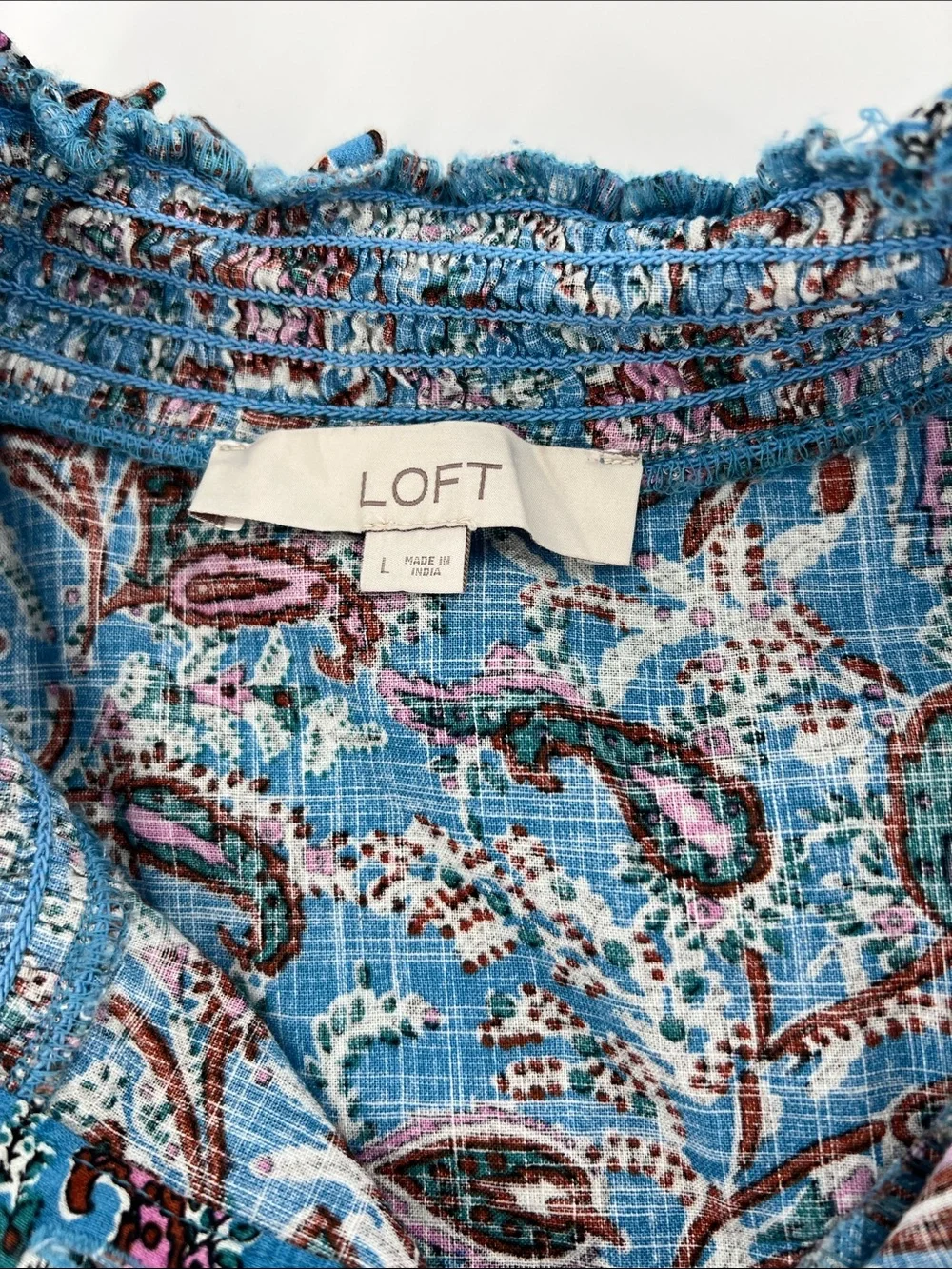 LOFT Bouquet Ruffle Blue Yoke Long Sleeve Button Down Puff Sleeve Shirt‎ Sz L